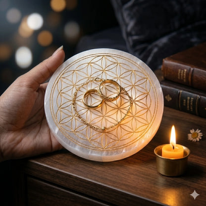Selenite Crystal Charging Plate – Sacred Geometry | Crystal Cleanser & Energy Charger