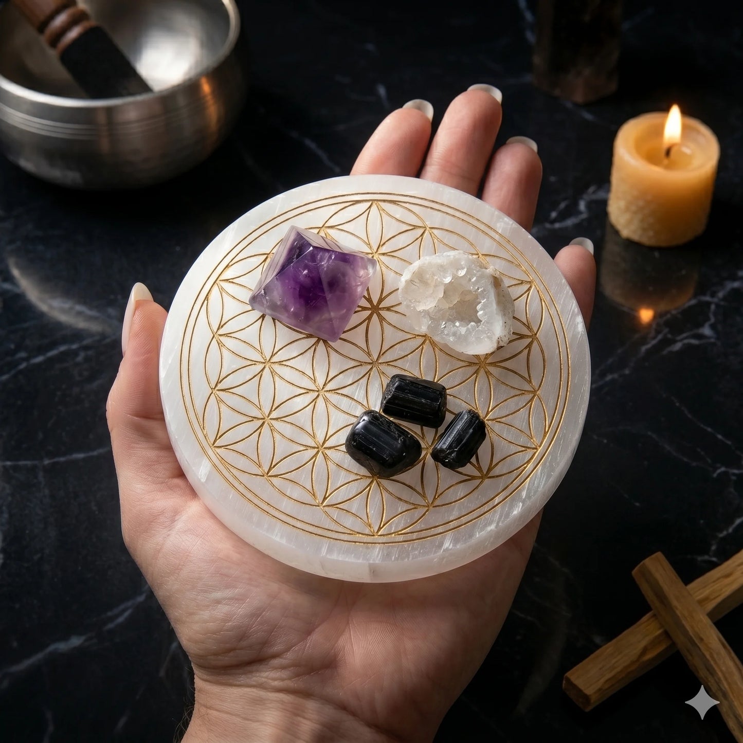Selenite Crystal Charging Plate – Sacred Geometry | Crystal Cleanser & Energy Charger