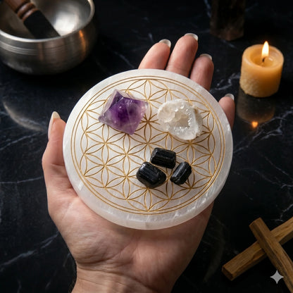 Selenite Crystal Charging Plate – Sacred Geometry | Crystal Cleanser & Energy Charger