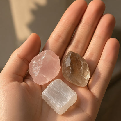 The Grief Companion — Rose Quartz, Smoky Quartz & Selenite Bundle