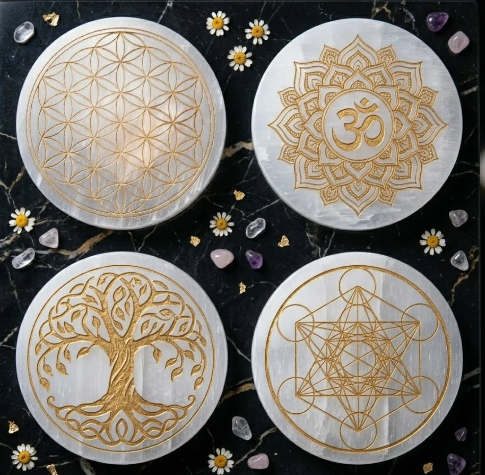 Selenite Crystal Charging Plate – Sacred Geometry | Crystal Cleanser & Energy Charger