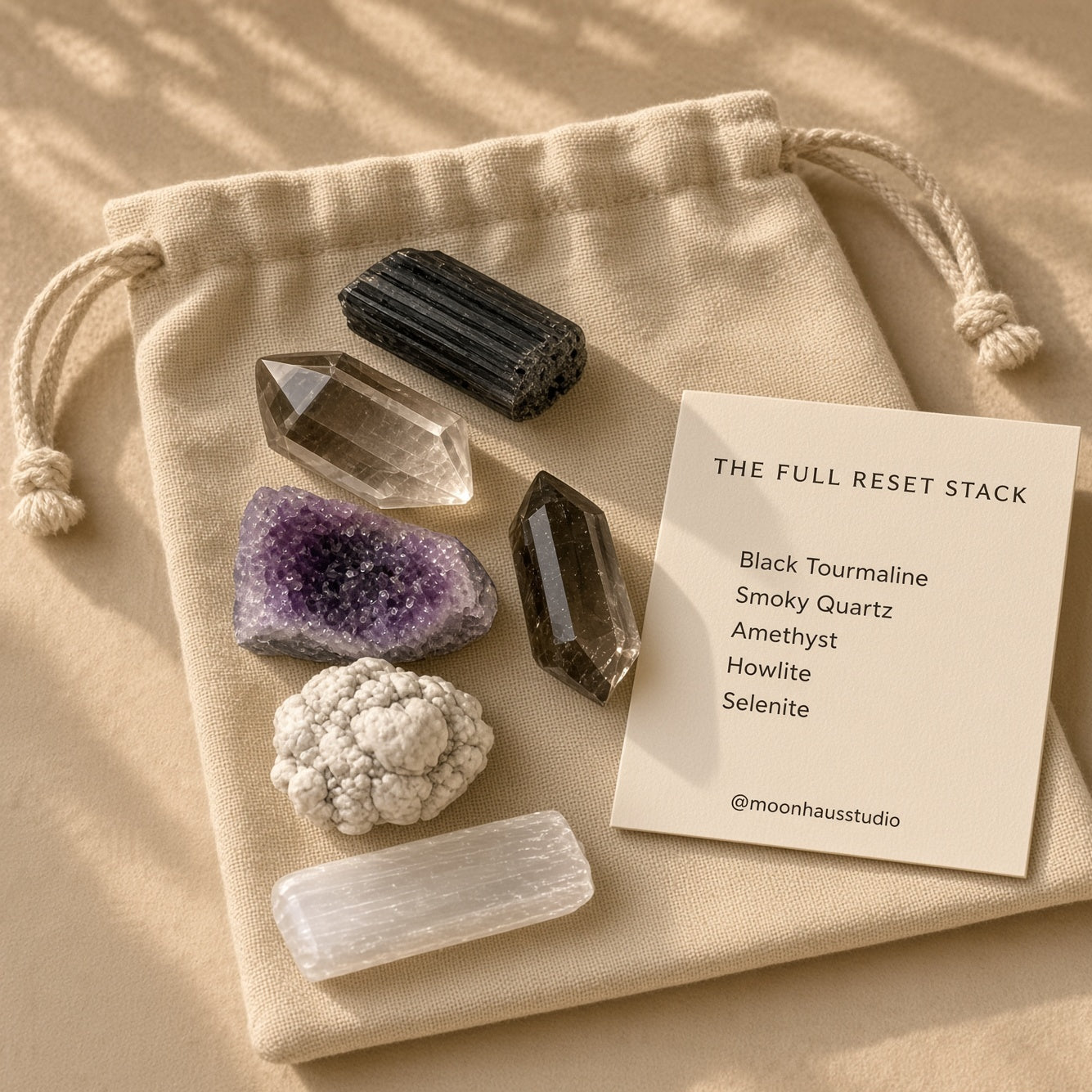 The Full Reset — Black Tourmaline, Smoky Quartz, Amethyst, Howlite & Selenite Bundle