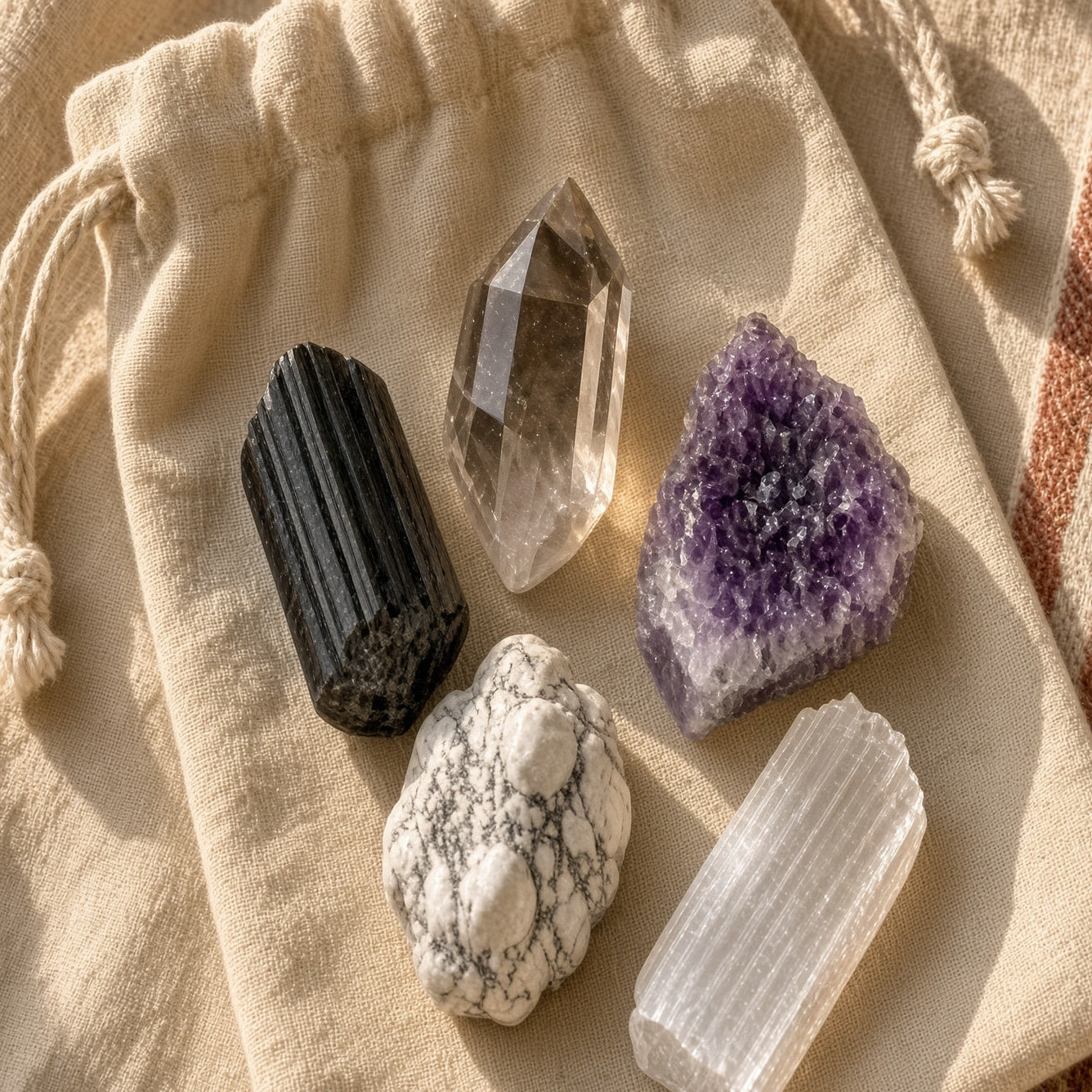 The Full Reset — Black Tourmaline, Smoky Quartz, Amethyst, Howlite & Selenite Bundle