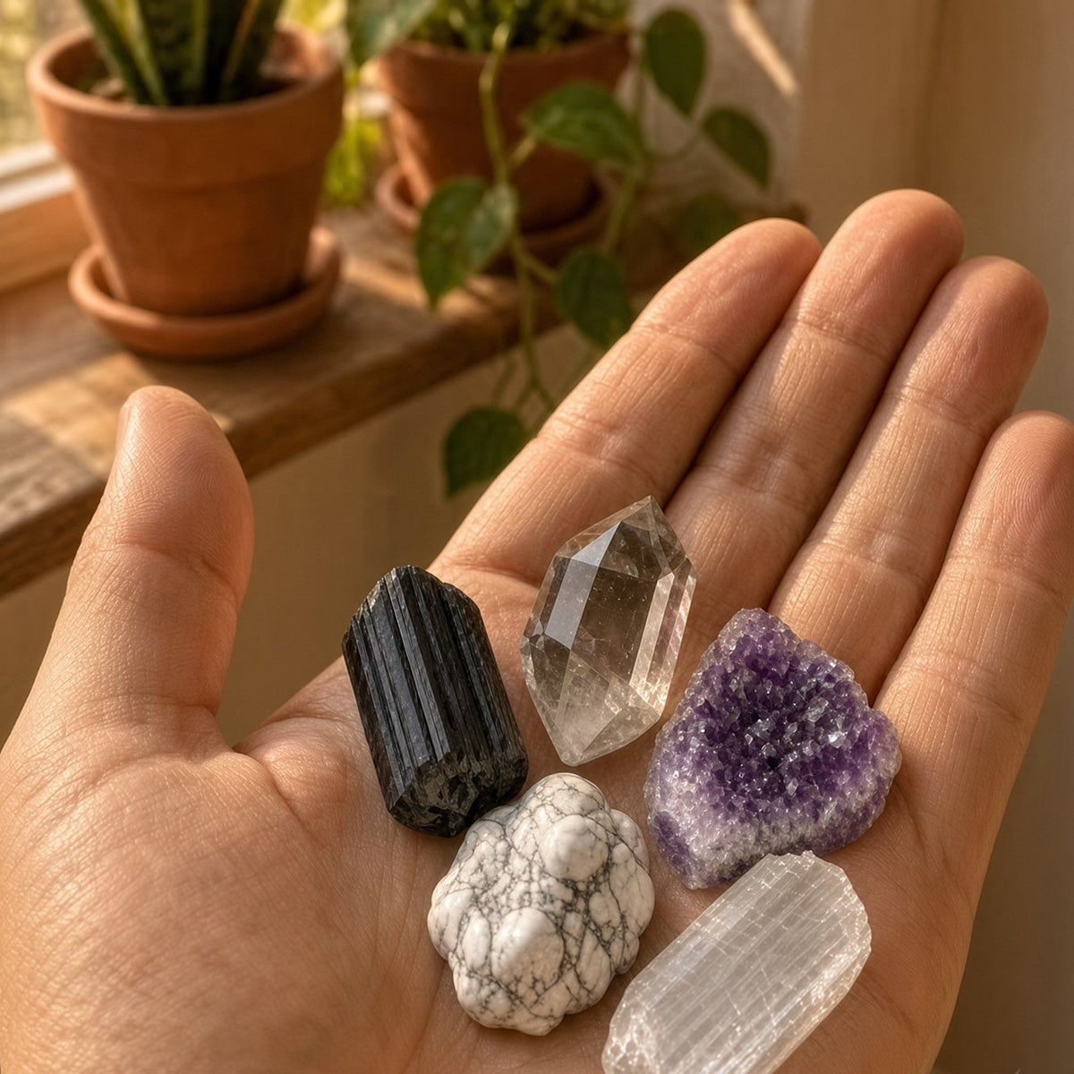 The Full Reset — Black Tourmaline, Smoky Quartz, Amethyst, Howlite & Selenite Bundle
