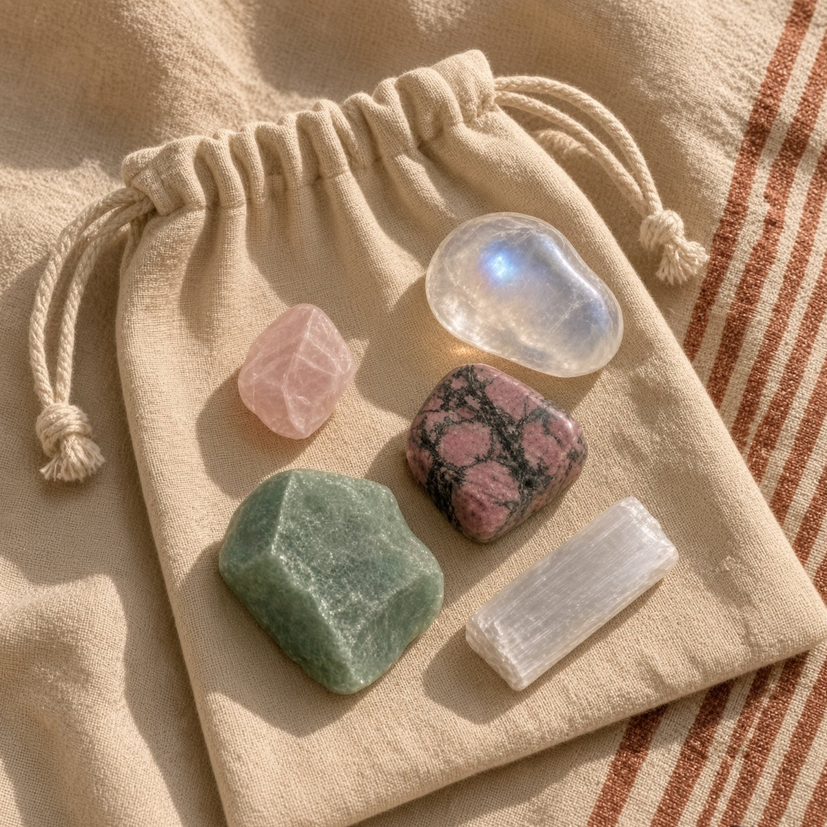 The Heart Healer — Rose Quartz, Rhodonite, Moonstone, Green Aventurine & Selenite Bundle