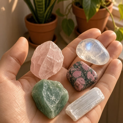 The Heart Healer — Rose Quartz, Rhodonite, Moonstone, Green Aventurine & Selenite Bundle
