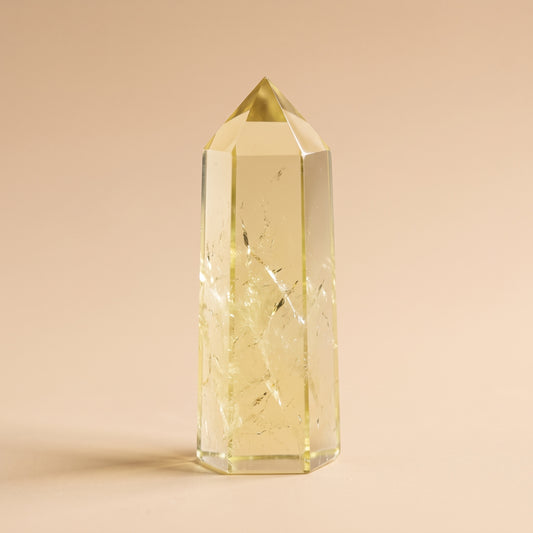 Natural citrine tower point, pale lemon-yellow quartz