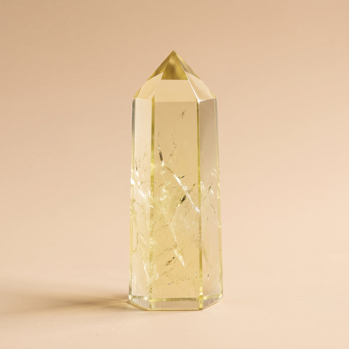 Natural citrine tower point, pale lemon-yellow quartz