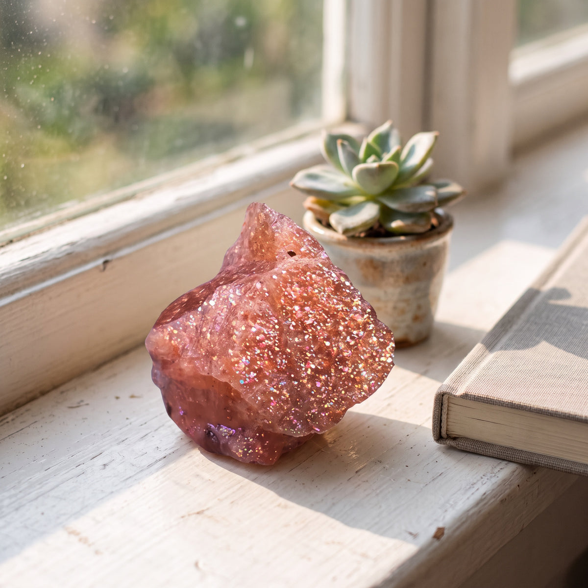 Sunstone on a sunny windowsill beside a succulent
