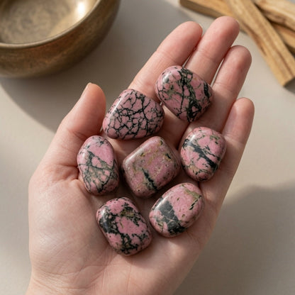 Natural Pink & Black Rhodonite Tumbled Stones — Emotional Healing Crystal