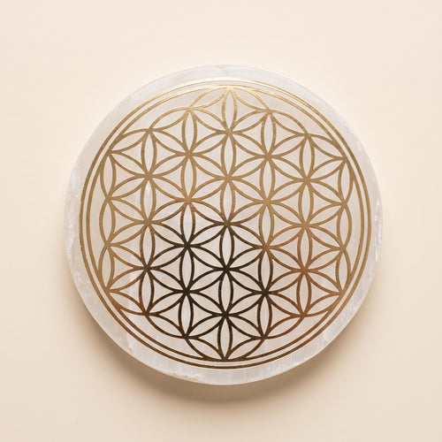 Selenite charging plate with gold flower of life engraving
