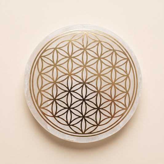 Selenite charging plate with gold flower of life engraving