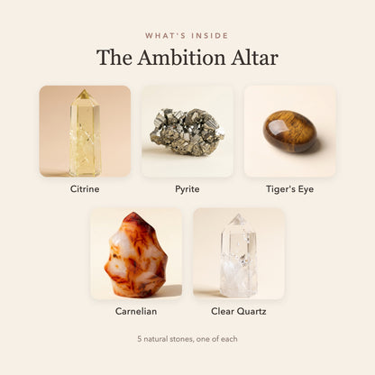 What's inside The Ambition Altar: citrine, pyrite, tiger's eye, carnelian and clear quartz