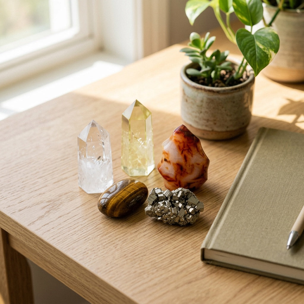 The Ambition Altar stones on a light oak desk