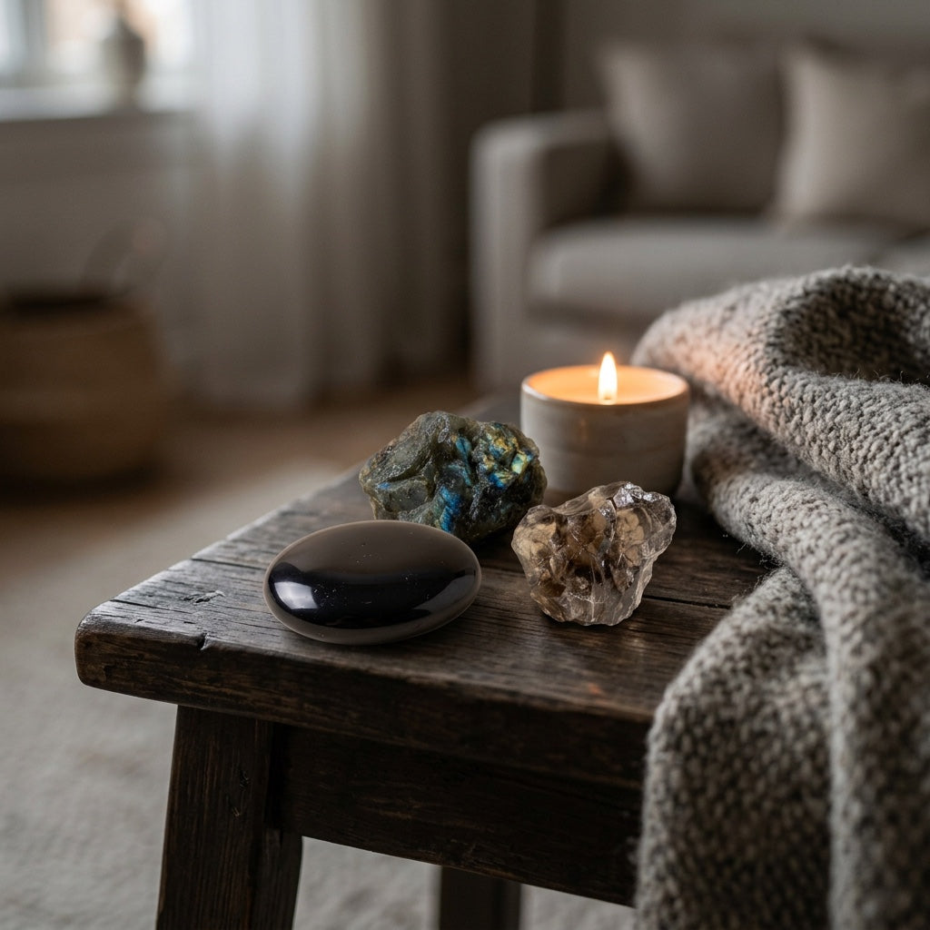 The Boundary Builder stones on a dark wooden side table