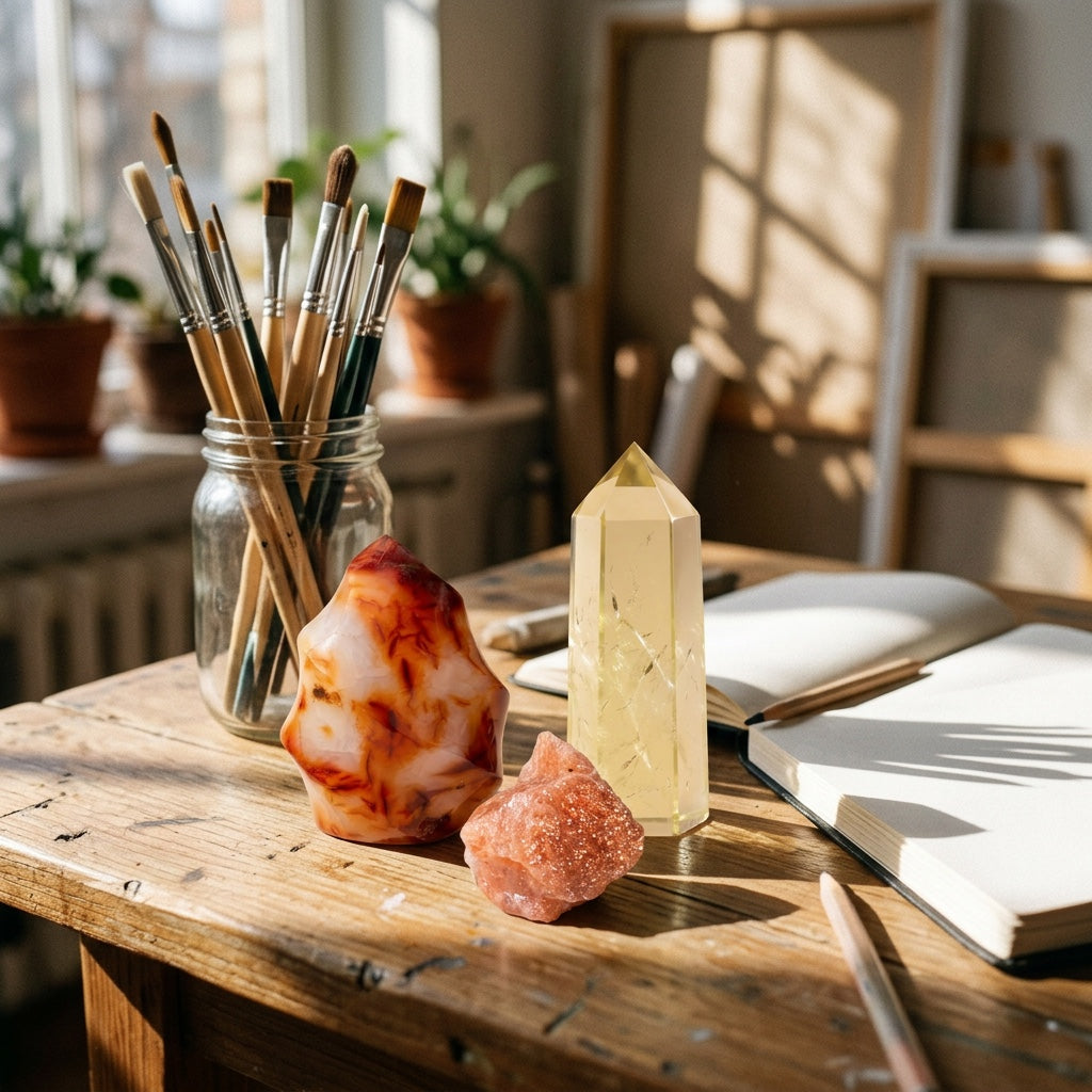 The Creative Spark stones on a wooden table in a sunny studio