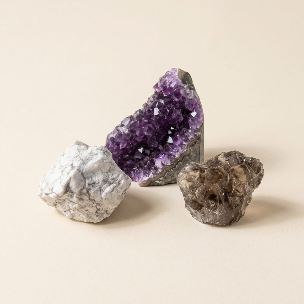 The Wind-Down Ritual crystal set: howlite, amethyst and smoky quartz