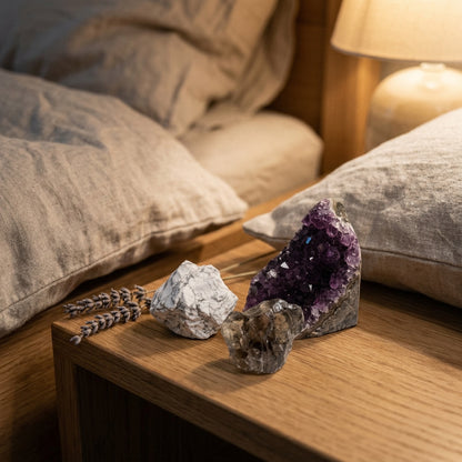 The Wind-Down Ritual stones on a bedside table