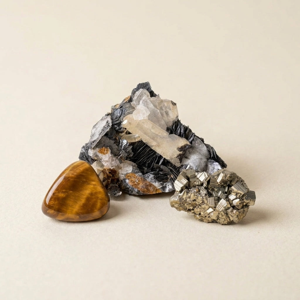 The Discipline Stack crystal set: tiger's eye, hematite and pyrite