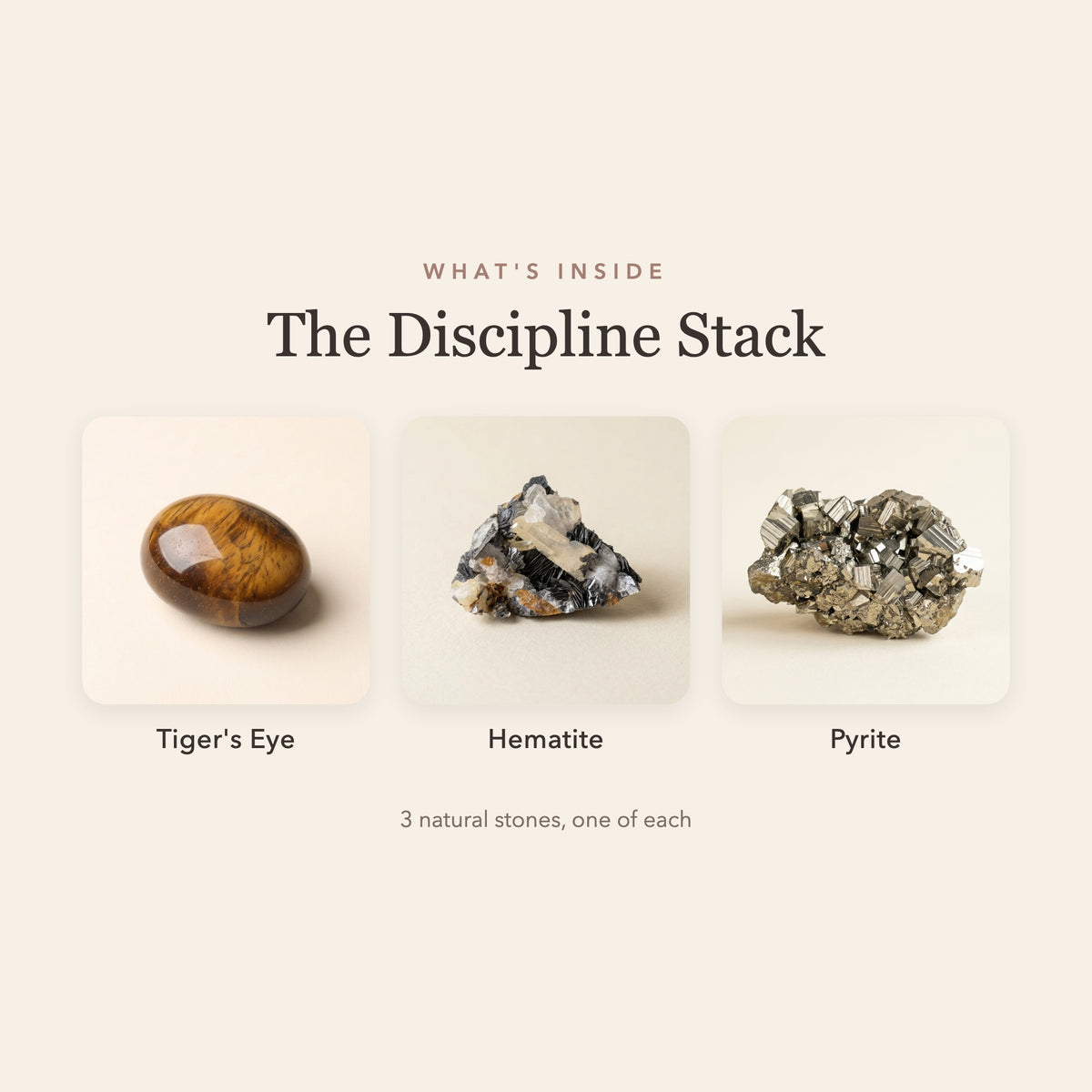 What's inside The Discipline Stack: tiger's eye, hematite and pyrite