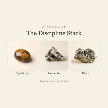 What's inside The Discipline Stack: tiger's eye, hematite and pyrite