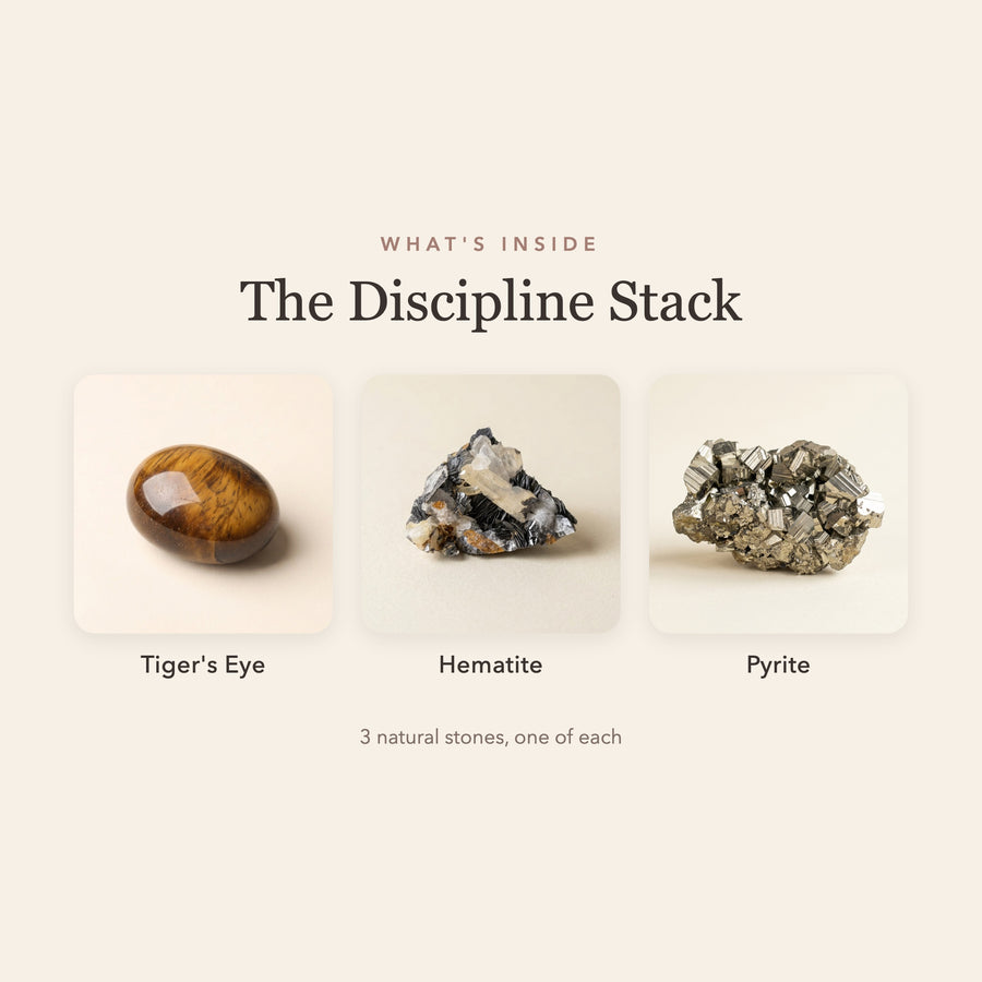 What's inside The Discipline Stack: tiger's eye, hematite and pyrite