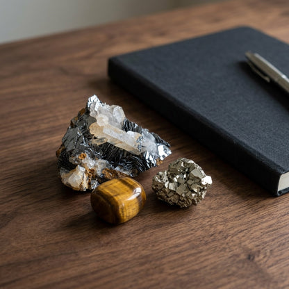 The Discipline Stack stones on a dark walnut desk