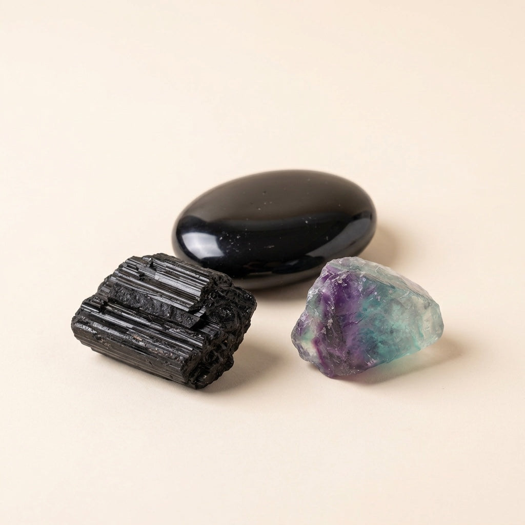 The Empath's Shield crystal set: black tourmaline, black obsidian and fluorite