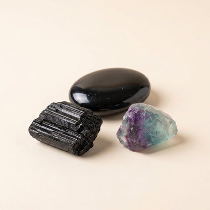 The Empath's Shield crystal set: black tourmaline, black obsidian and fluorite