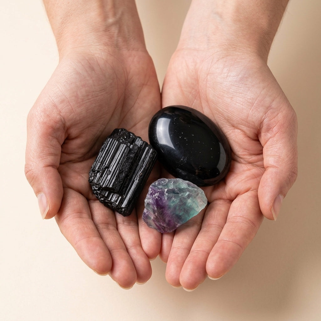 The Empath's Shield stones held in cupped hands to show size