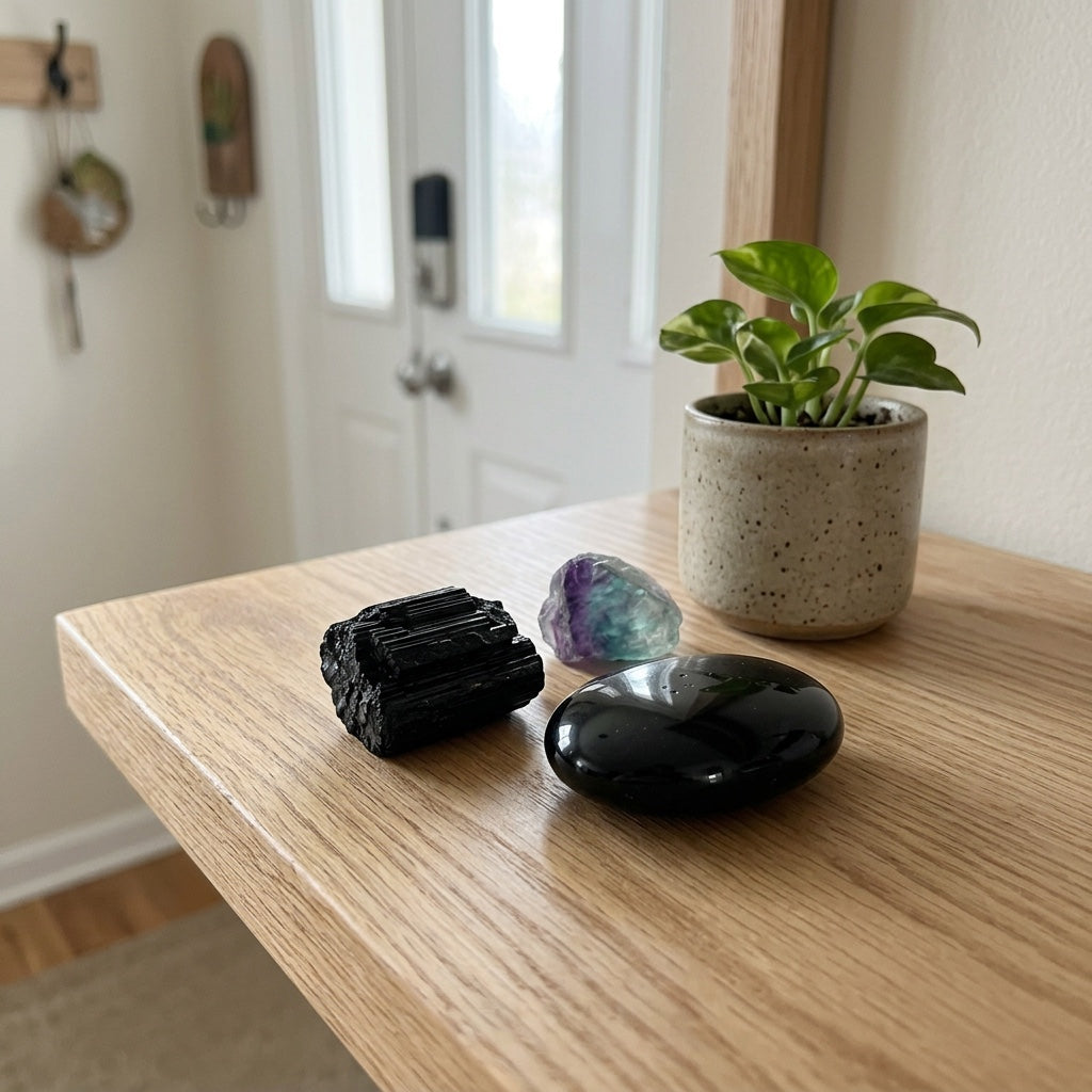The Empath's Shield stones on a light oak shelf by the front door