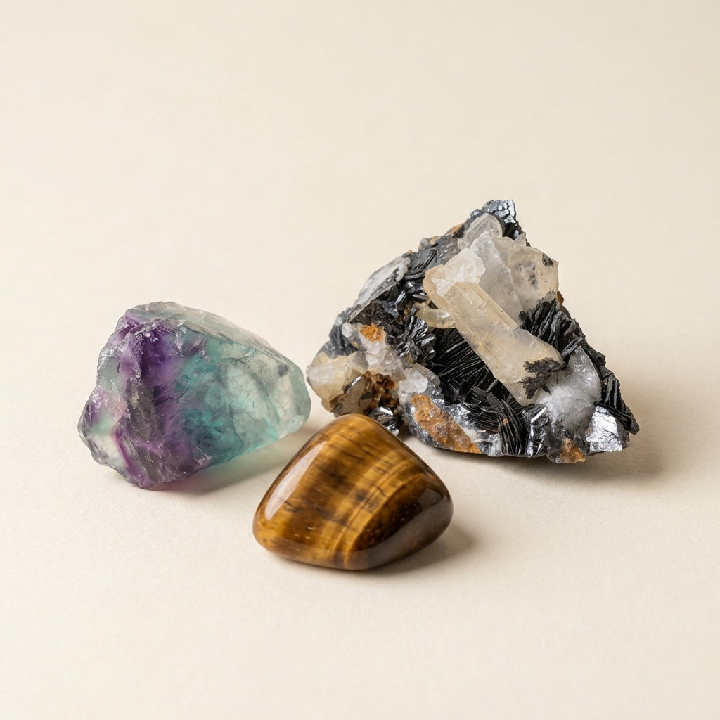 The Focus Field crystal set: fluorite, hematite and tiger's eye