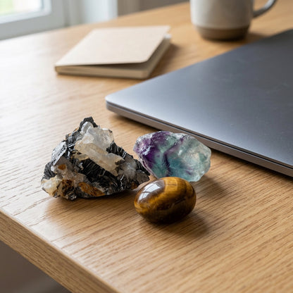 The Focus Field stones on a light oak desk