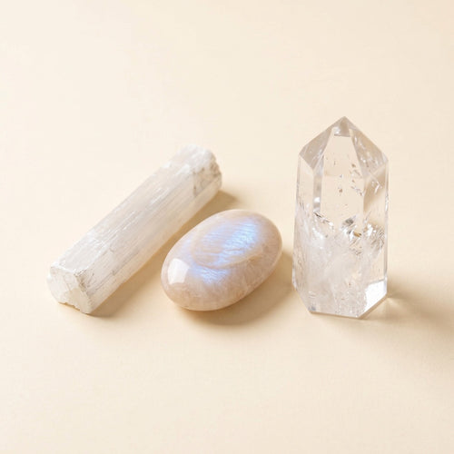 The Fresh Start Cleanse crystal set: selenite, moonstone and clear quartz