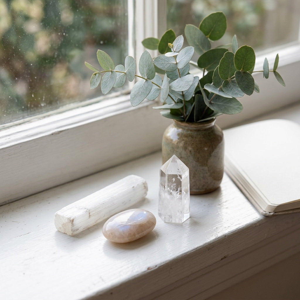 The Fresh Start Cleanse stones on a white windowsill
