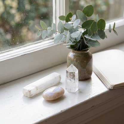 The Fresh Start Cleanse stones on a white windowsill