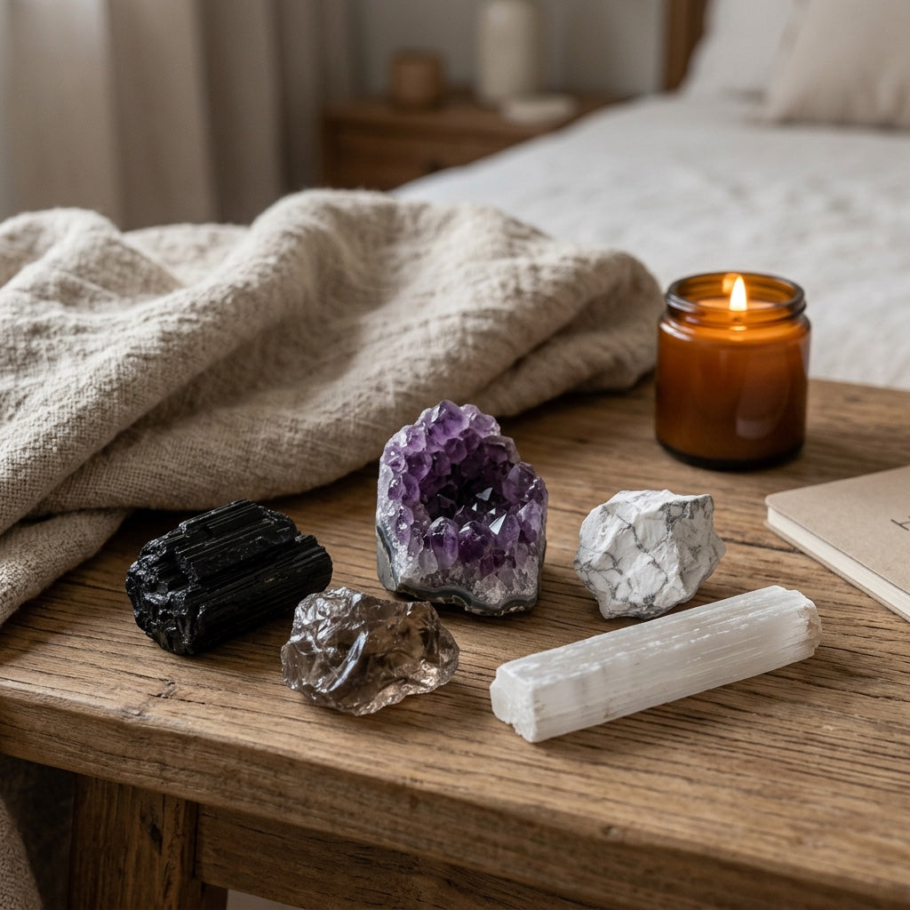 The Full Reset stones on a bedside table