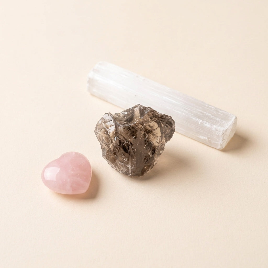 The Grief Companion crystal set: rose quartz, smoky quartz and selenite