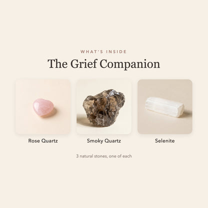 What's inside The Grief Companion: rose quartz, smoky quartz and selenite
