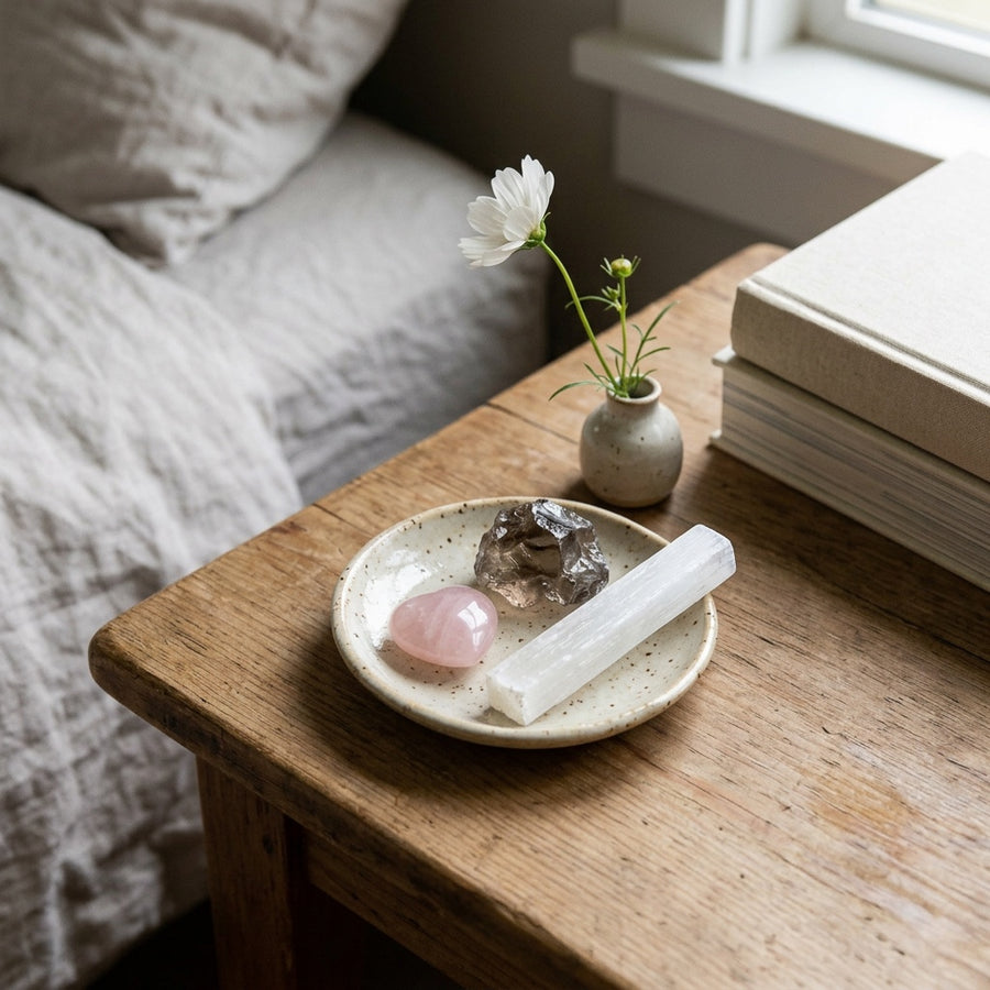 The Grief Companion stones on a small ceramic dish on a bedside table