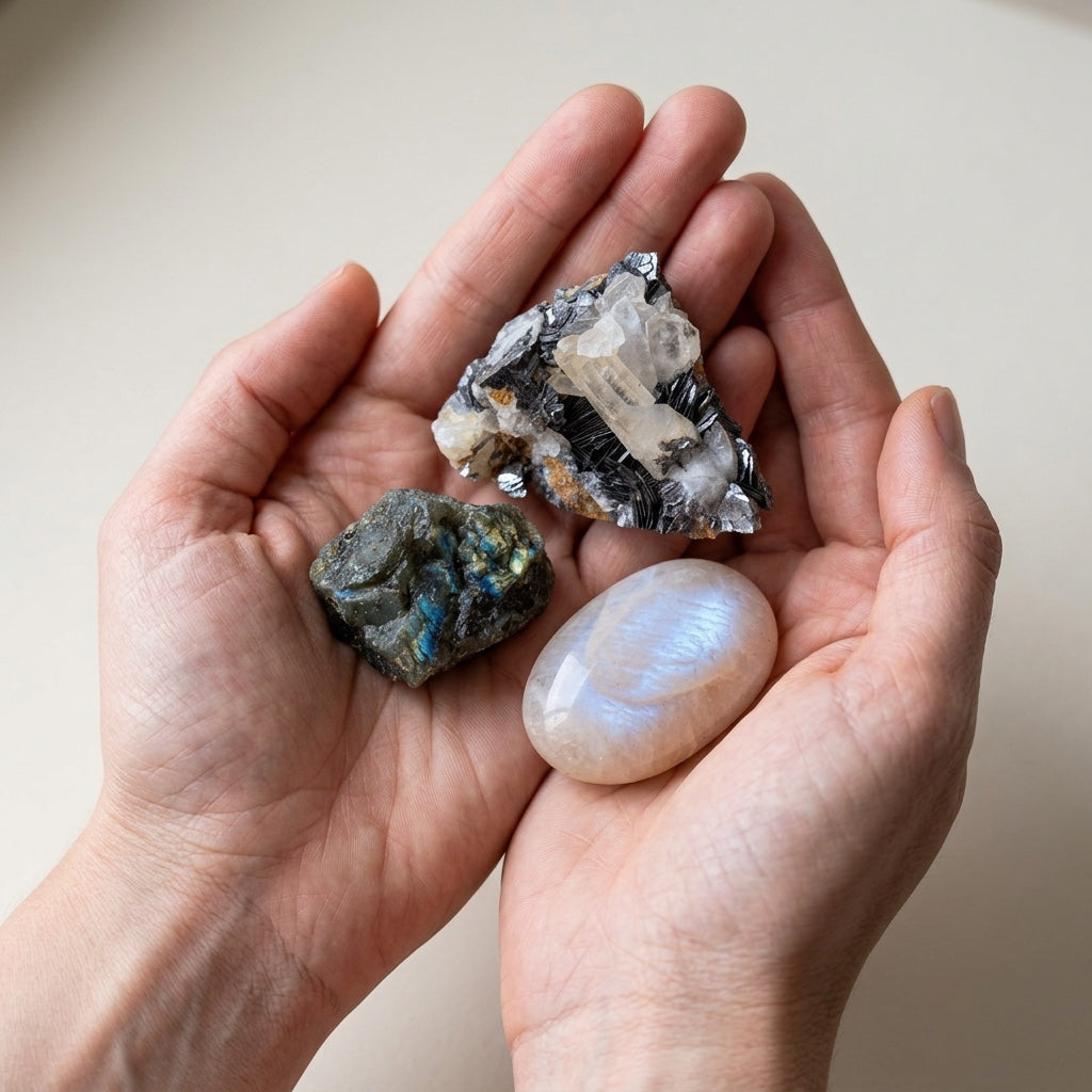 The Grounded Intuitive stones held in cupped hands to show size
