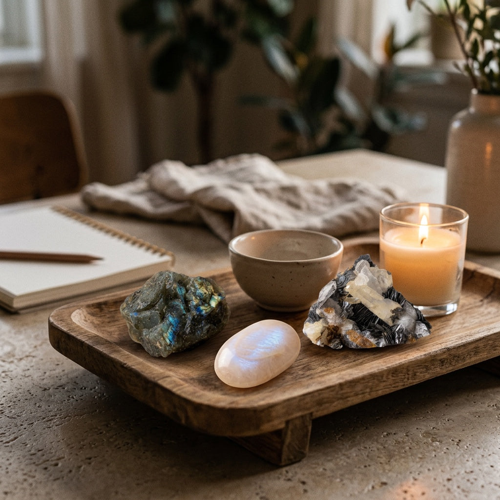 The Grounded Intuitive stones on a low wooden tray