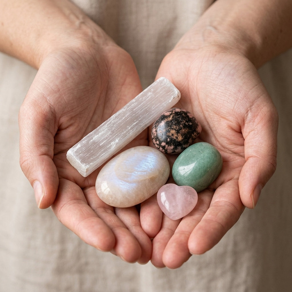 The Heart Ritual Set stones held in cupped hands to show size