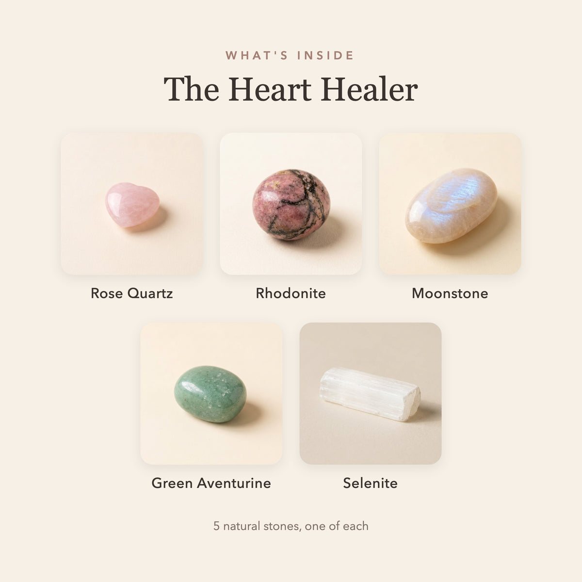 What's inside The Heart Ritual Set: rose quartz, rhodonite, moonstone, green aventurine and selenite