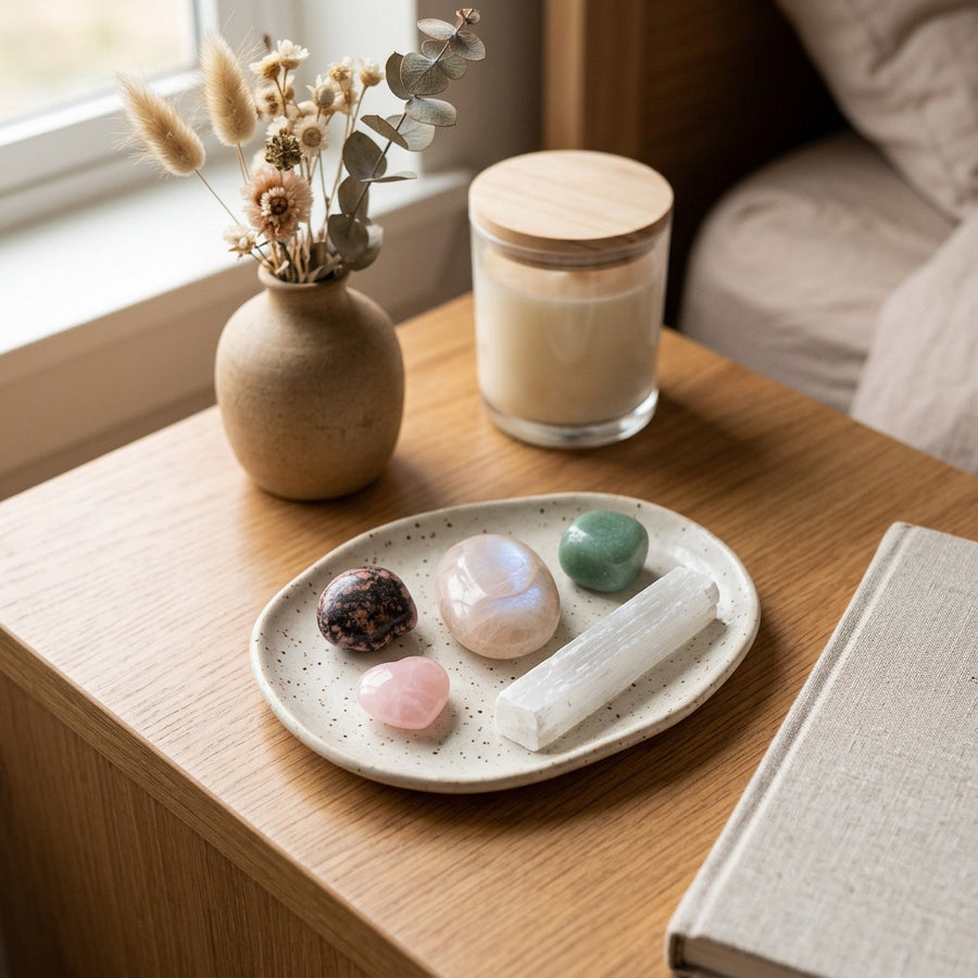 The Heart Ritual Set stones on a small ceramic tray on a bedside table