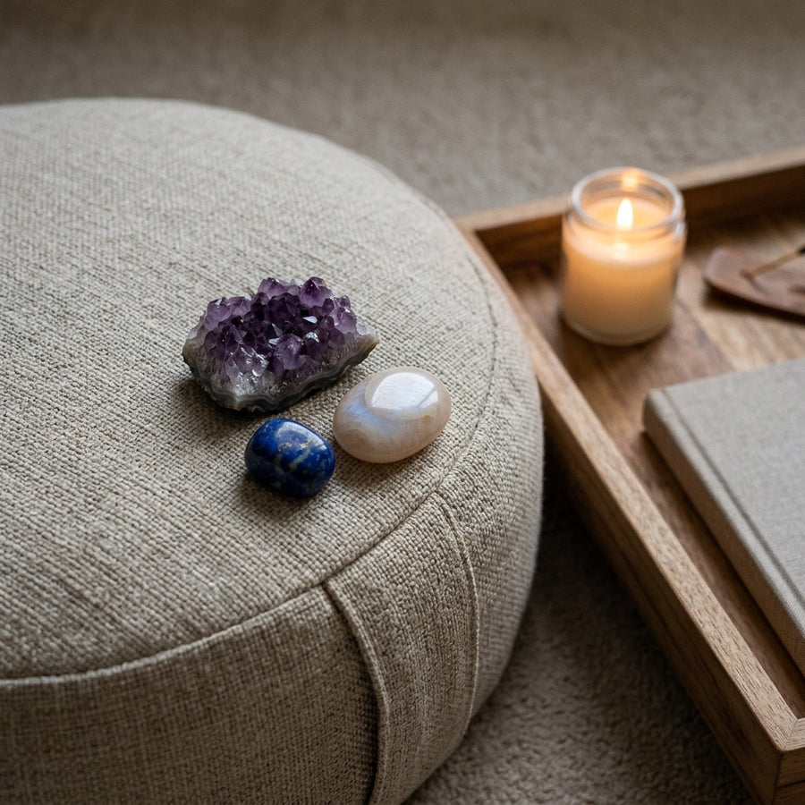 The Inner Voice Kit stones on a meditation cushion