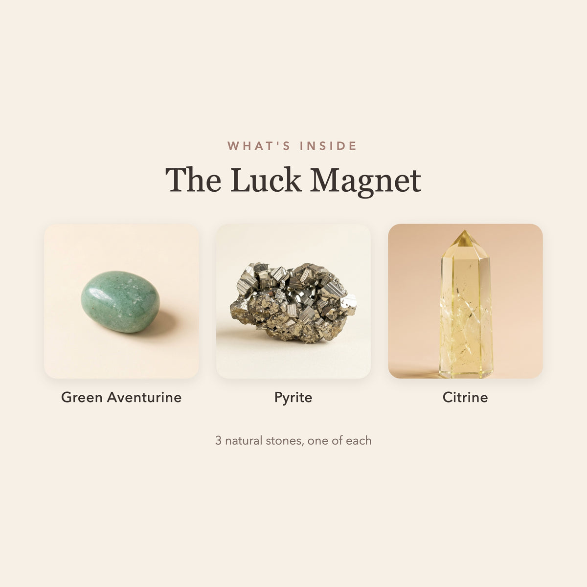 What's inside The Good Luck Ritual: green aventurine, pyrite and citrine
