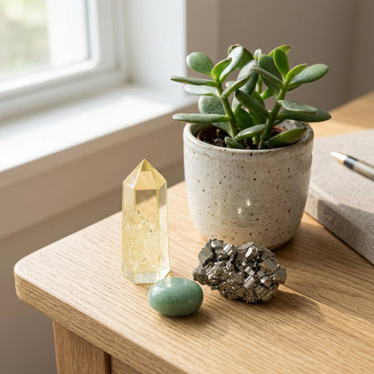 The Good Luck Ritual stones on a light oak desk