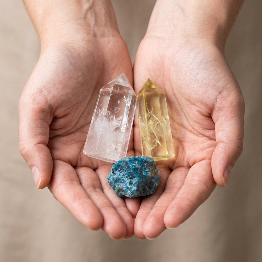 The Manifestation Engine stones held in cupped hands to show size