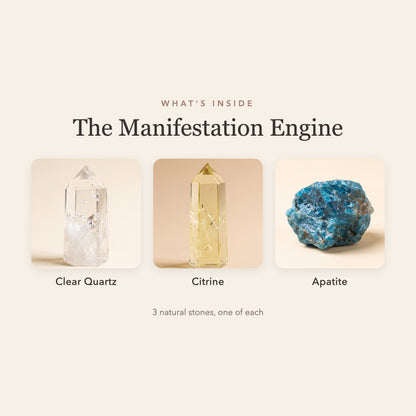 What's inside The Manifestation Engine: clear quartz, citrine and apatite